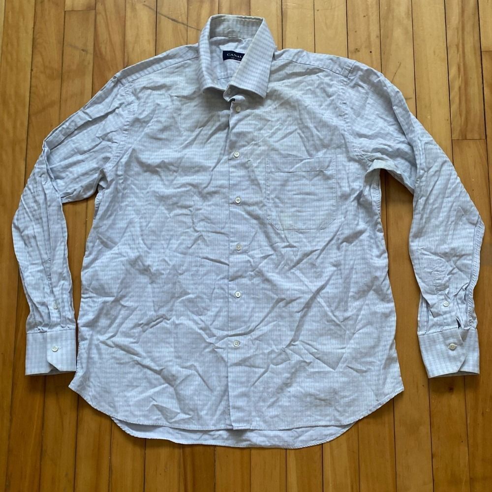 Canali Dress Shirt 17.5 Light Blue Gingham Check Mens Long Sleeve Made in Italy